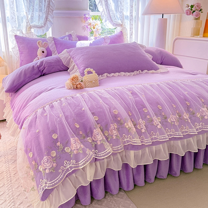 后庭寝室 2025新款高克重牛奶绒公主风床裙四件套-甜心系列 甜心-浅紫