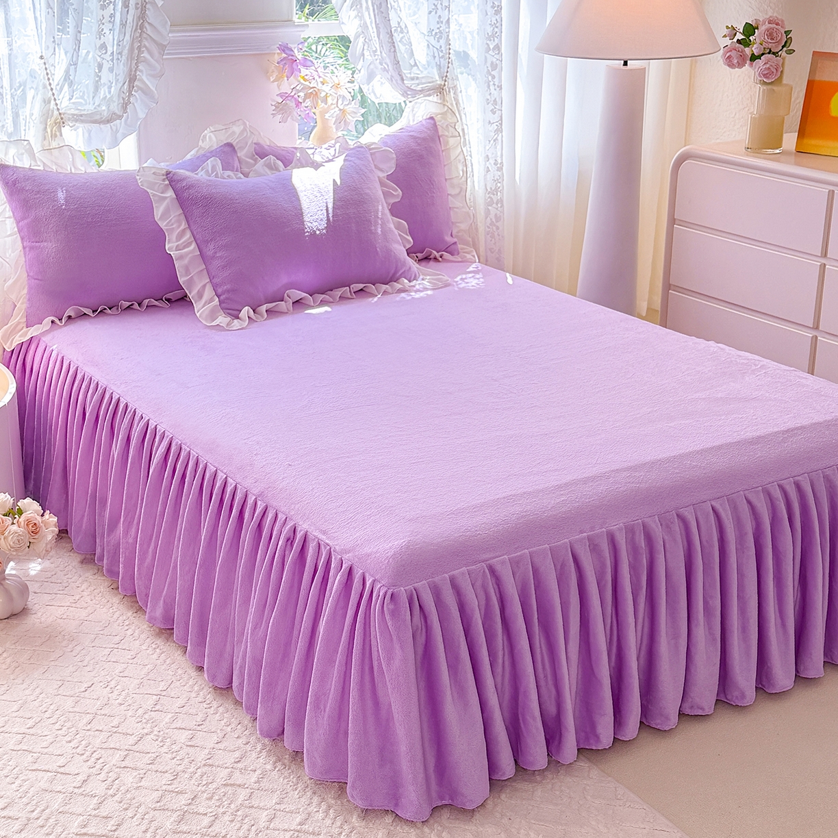 91家纺网 家纺一手货源 找家纺 后庭寝室 2025新款高克重牛奶绒公主风床裙四件套-甜心系列 甜心-浅紫