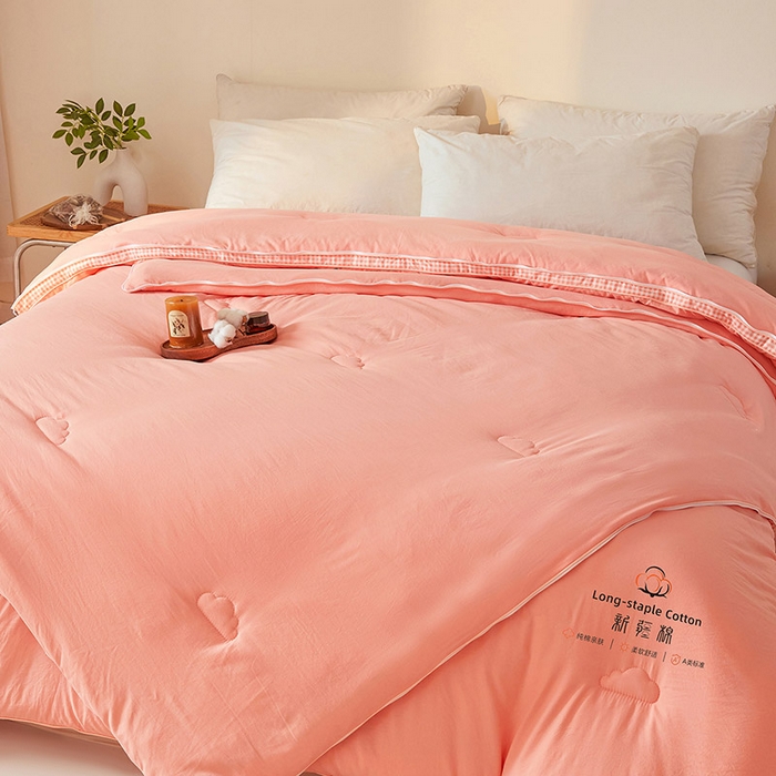 91家纺网 家纺一手货源 找家纺 思雅庭 2025新款原棉水洗棉00%新疆棉花被二合一子母被立体边冬被被子被芯 格子立体-粉玉