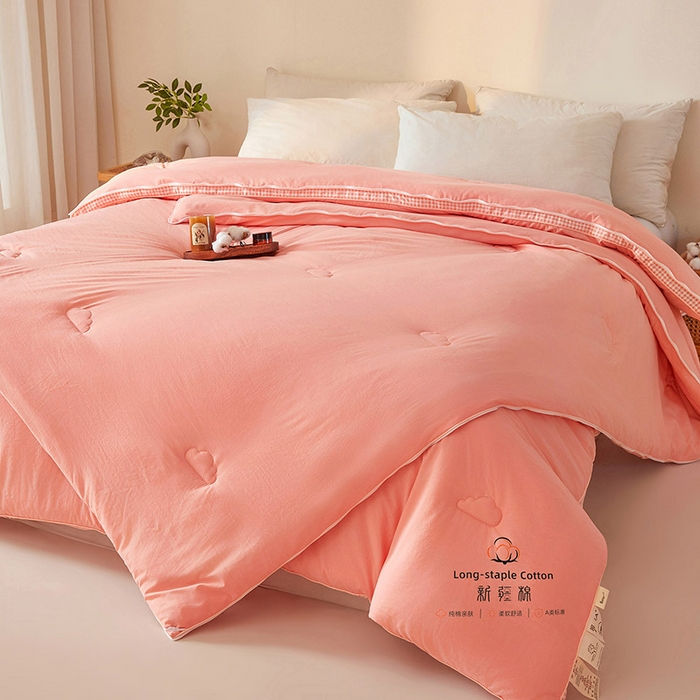 91家纺网 家纺一手货源 找家纺 思雅庭 2025新款原棉水洗棉00%新疆棉花被二合一子母被立体边冬被被子被芯 格子立体-粉玉