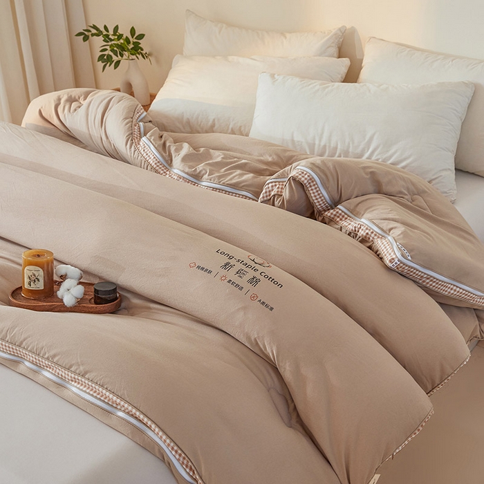 91家纺网 家纺一手货源 找家纺 思雅庭 2025新款原棉水洗棉00%新疆棉花被二合一子母被立体边冬被被子被芯 格子立体-卡其