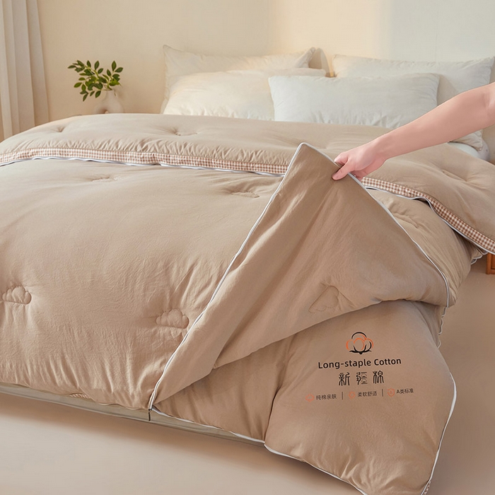 91家纺网 家纺一手货源 找家纺 思雅庭 2025新款原棉水洗棉00%新疆棉花被二合一子母被立体边冬被被子被芯 格子立体-卡其