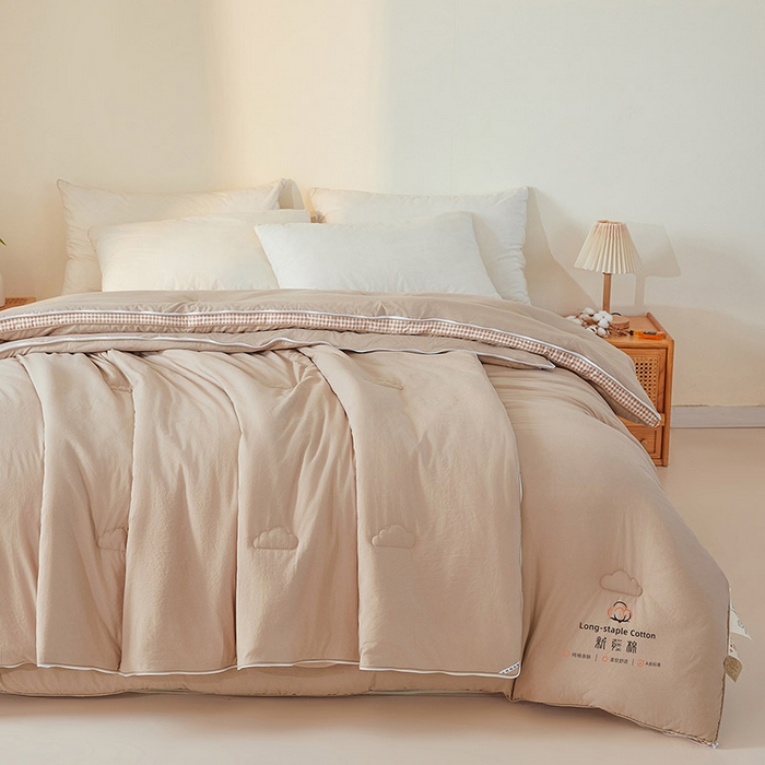 91家纺网 家纺一手货源 找家纺 思雅庭 2025新款原棉水洗棉00%新疆棉花被二合一子母被立体边冬被被子被芯 格子立体-卡其