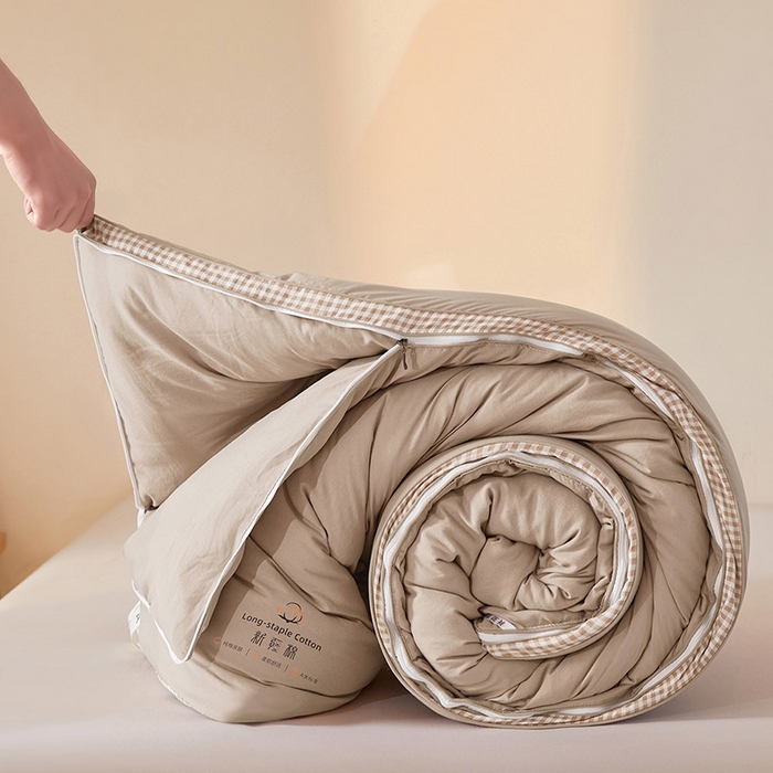 91家纺网 家纺一手货源 找家纺 思雅庭 2025新款原棉水洗棉00%新疆棉花被二合一子母被立体边冬被被子被芯 格子立体-卡其