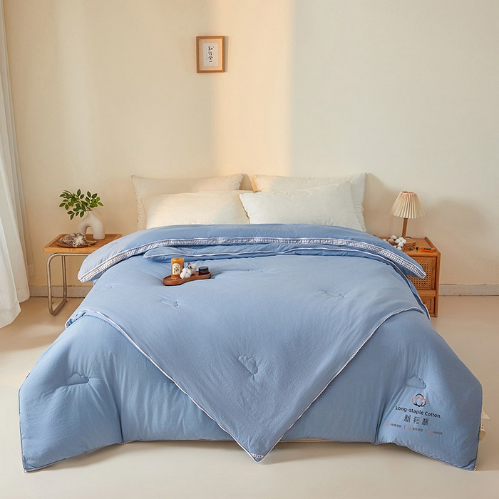 91家纺网 家纺一手货源 找家纺 思雅庭 2025新款原棉水洗棉00%新疆棉花被二合一子母被立体边冬被被子被芯 格子立体-蔚蓝