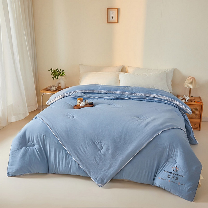 91家纺网 家纺一手货源 找家纺 思雅庭 2025新款原棉水洗棉00%新疆棉花被二合一子母被立体边冬被被子被芯 格子立体-蔚蓝