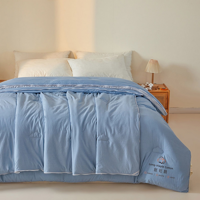 91家纺网 家纺一手货源 找家纺 思雅庭 2025新款原棉水洗棉00%新疆棉花被二合一子母被立体边冬被被子被芯 格子立体-蔚蓝