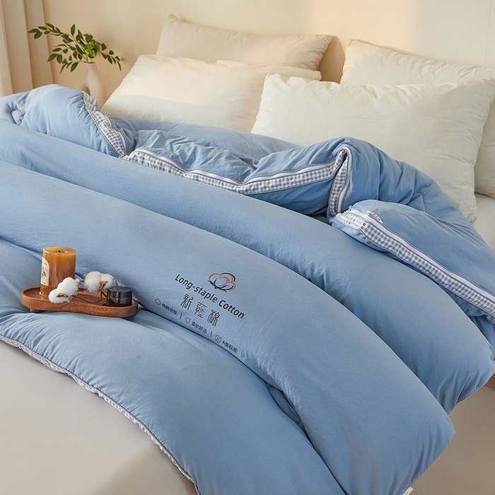 91家纺网 家纺一手货源 找家纺 思雅庭 2025新款原棉水洗棉00%新疆棉花被二合一子母被立体边冬被被子被芯 格子立体-蔚蓝