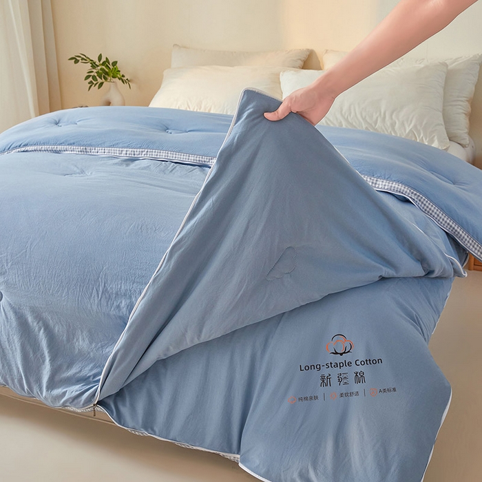 91家纺网 家纺一手货源 找家纺 思雅庭 2025新款原棉水洗棉00%新疆棉花被二合一子母被立体边冬被被子被芯 格子立体-蔚蓝