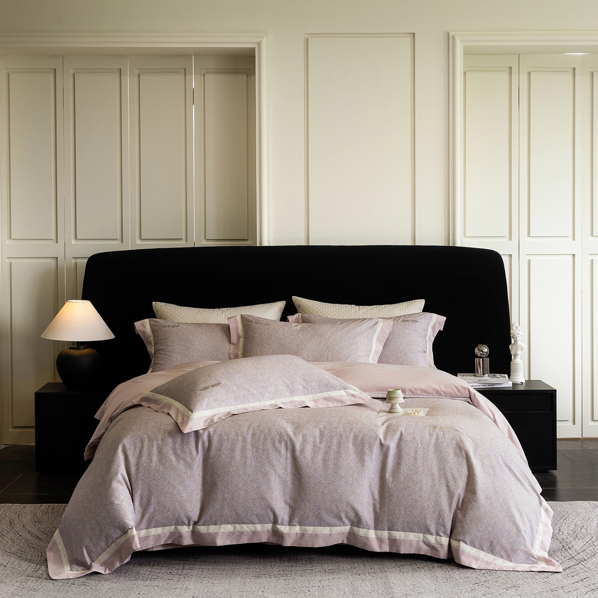 91家纺网 家纺一手货源 找家纺 佳汐蓝家纺 2025新款全棉60支磨毛肌理纹撞色拼边四件套-瑶雅系列 瑶雅-粉