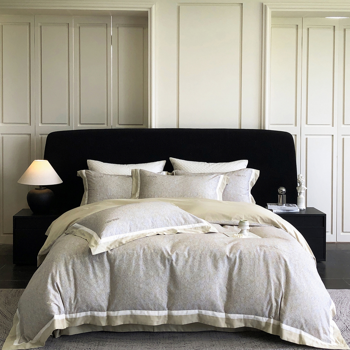 91家纺网 家纺一手货源 找家纺 （总）佳汐蓝家纺 2025新款全棉60支磨毛肌理纹撞色拼边四件套-瑶雅系列