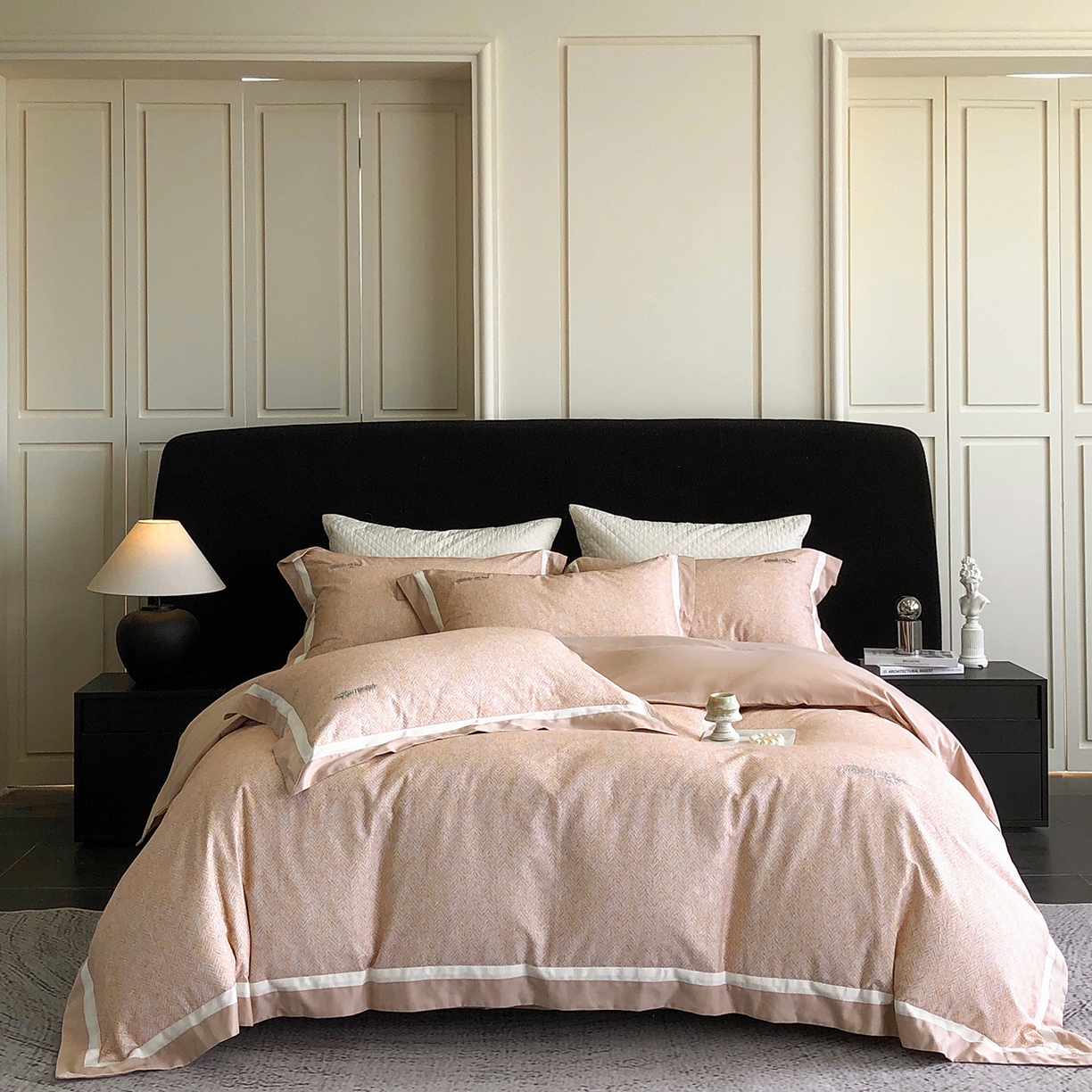 佳汐蓝家纺 2025新款全棉60支磨毛肌理纹撞色拼边四件套-瑶雅系列 瑶雅-黄