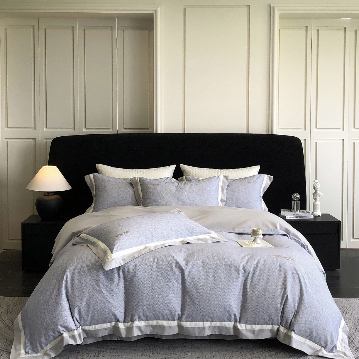 佳汐蓝家纺 2025新款全棉60支磨毛肌理纹撞色拼边四件套-瑶雅系列 瑶雅-兰