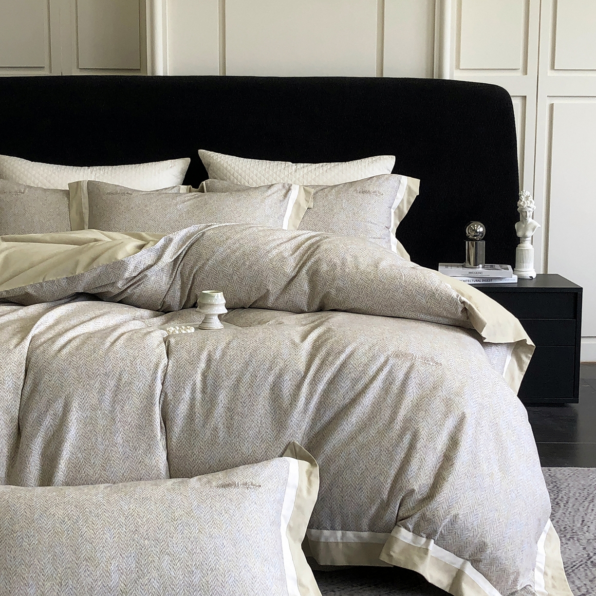 91家纺网 家纺一手货源 找家纺 佳汐蓝家纺 2025新款全棉60支磨毛肌理纹撞色拼边四件套-瑶雅系列 瑶雅-绿