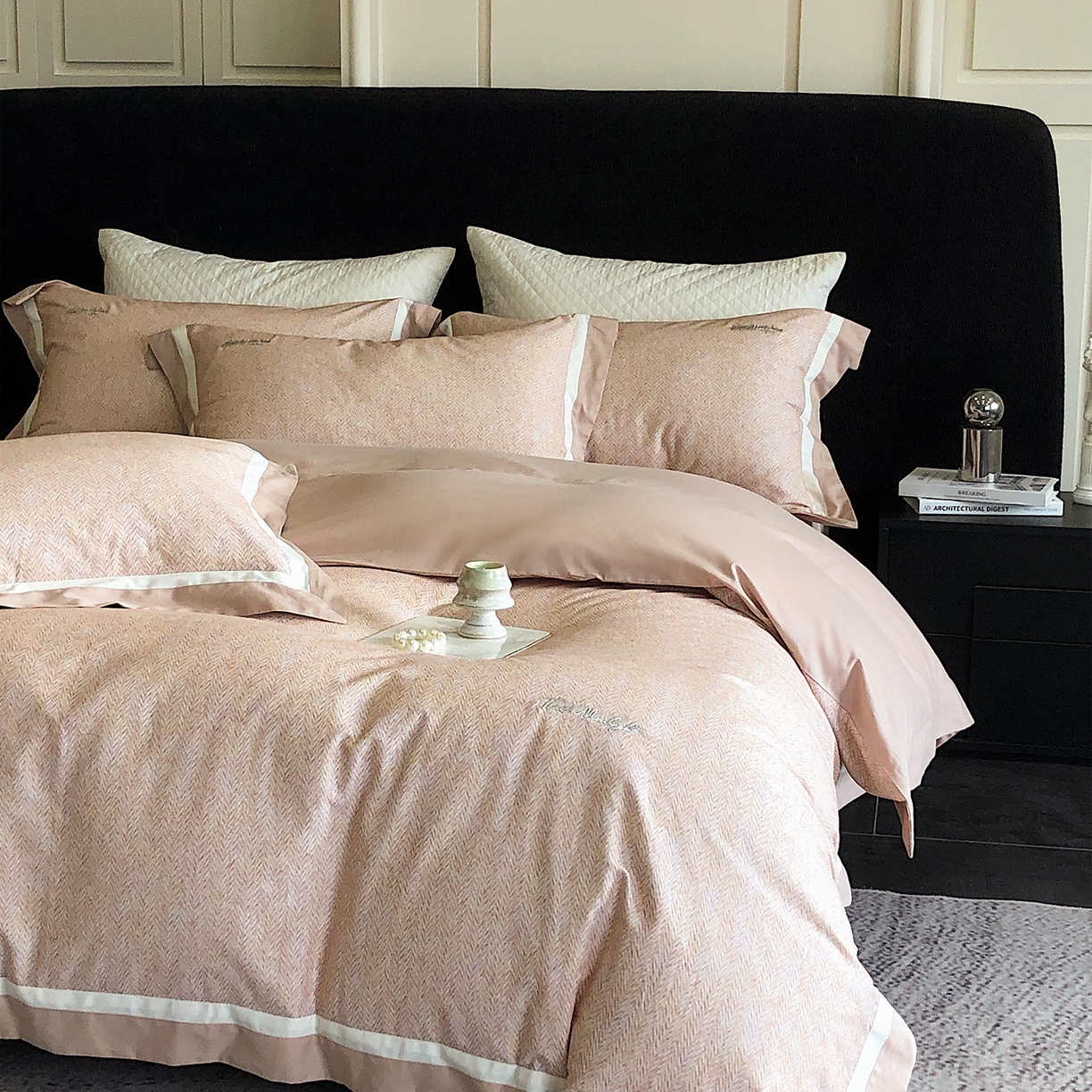 91家纺网 家纺一手货源 找家纺 佳汐蓝家纺 2025新款全棉60支磨毛肌理纹撞色拼边四件套-瑶雅系列 瑶雅-黄