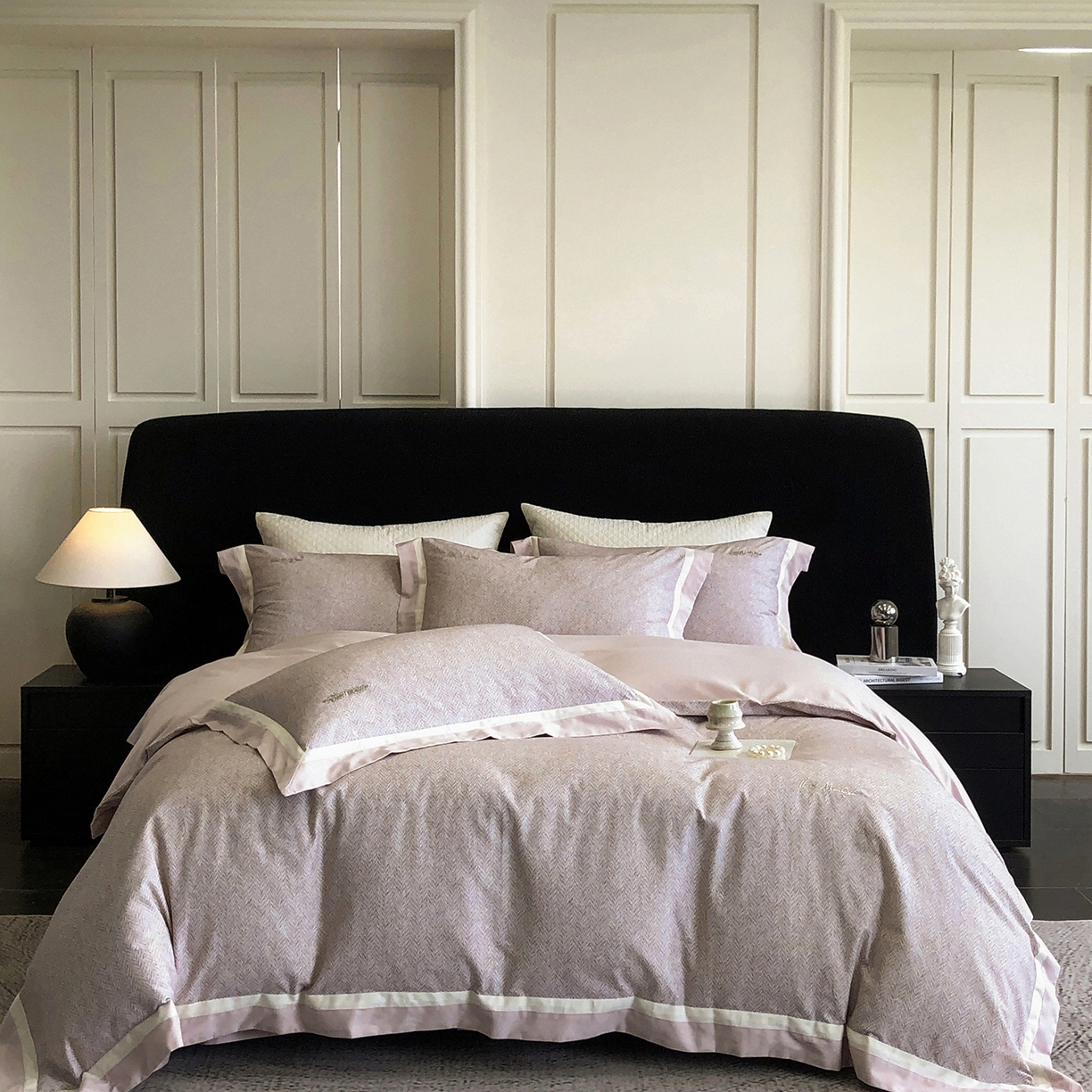 佳汐蓝家纺 2025新款全棉60支磨毛肌理纹撞色拼边四件套-瑶雅系列 瑶雅-粉