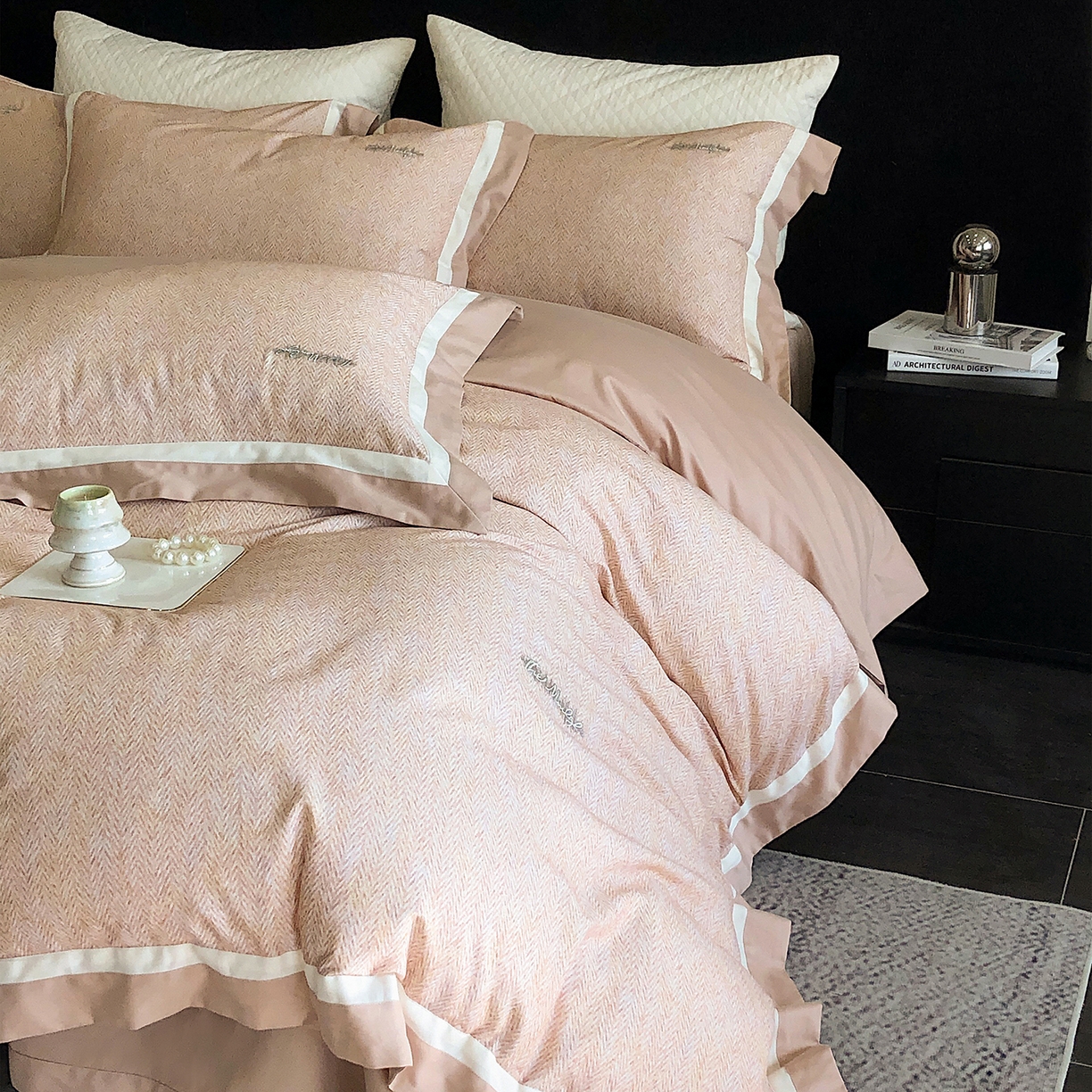 91家纺网 家纺一手货源 找家纺 佳汐蓝家纺 2025新款全棉60支磨毛肌理纹撞色拼边四件套-瑶雅系列 瑶雅-黄