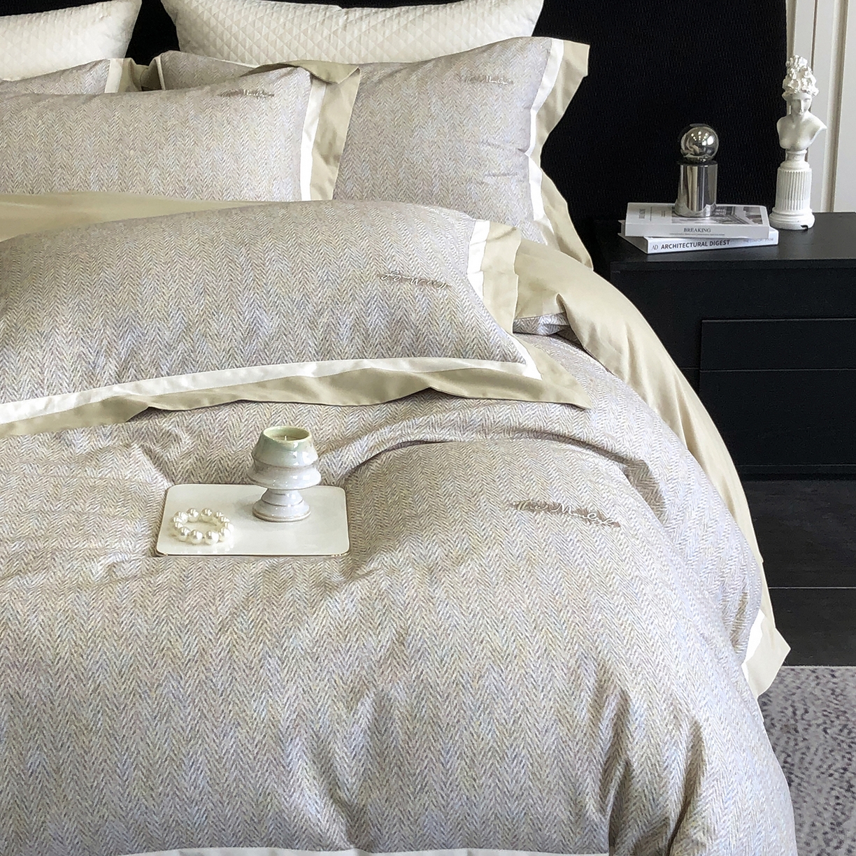 91家纺网 家纺一手货源 找家纺 佳汐蓝家纺 2025新款全棉60支磨毛肌理纹撞色拼边四件套-瑶雅系列 瑶雅-绿