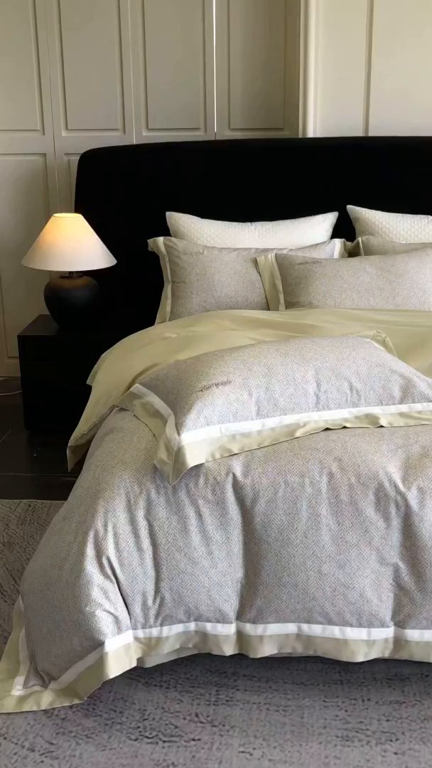 91家纺网 家纺一手货源 找家纺 佳汐蓝家纺 2025新款全棉60支磨毛肌理纹撞色拼边四件套-瑶雅系列 瑶雅-绿