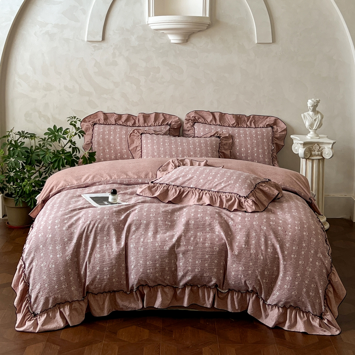 91家纺网 家纺一手货源 找家纺 乐沐家纺 2025新款A类高克重亚麻复古风原麻棉麻系列四件套 嫣然