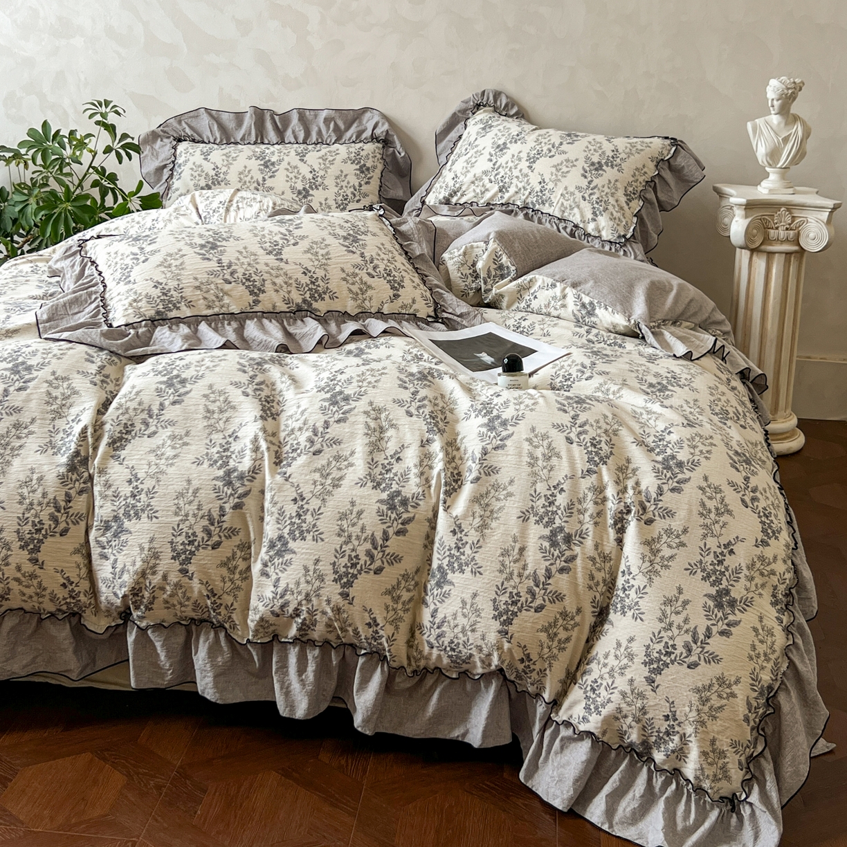 91家纺网 家纺一手货源 找家纺 乐沐家纺 2025新款A类高克重亚麻复古风原麻棉麻系列四件套 清曲