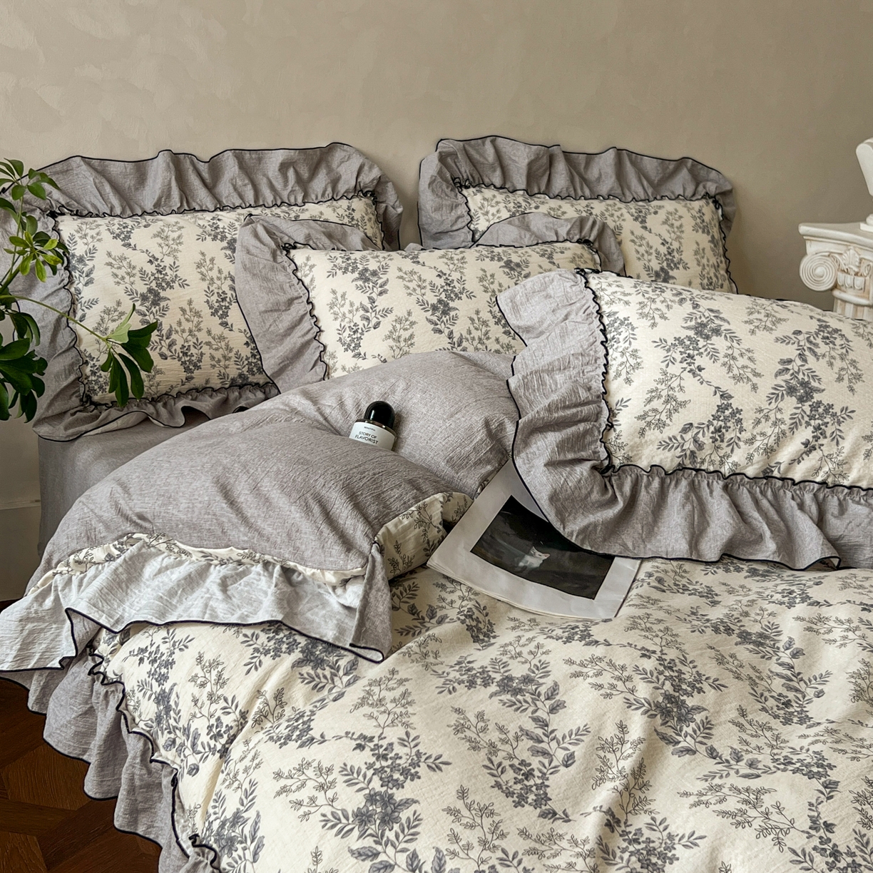 91家纺网 家纺一手货源 找家纺 乐沐家纺 2025新款A类高克重亚麻复古风原麻棉麻系列四件套 清曲