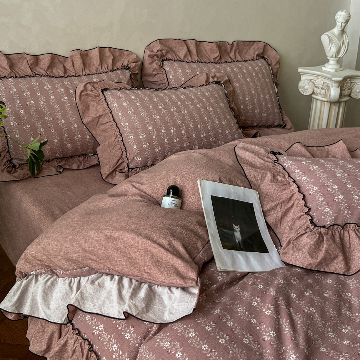 91家纺网 家纺一手货源 找家纺 乐沐家纺 2025新款A类高克重亚麻复古风原麻棉麻系列四件套 嫣然