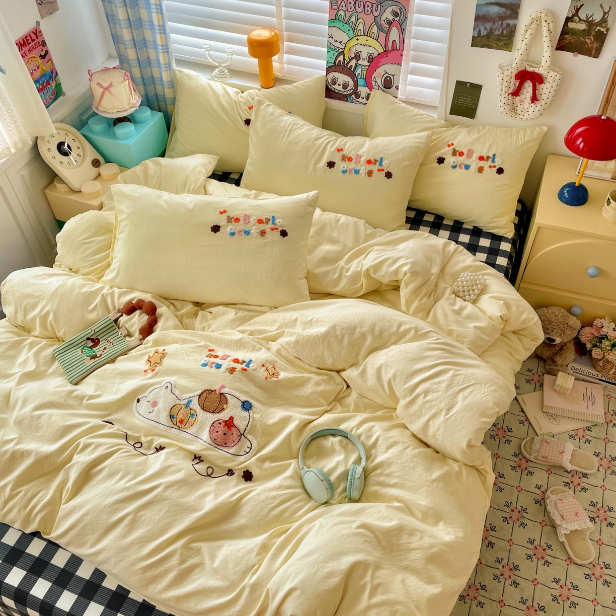 91家纺网 家纺一手货源 找家纺 凯洛奇 2025新款趴趴熊毛巾绣四件套（提供买家秀） 趴趴熊-芥末黄