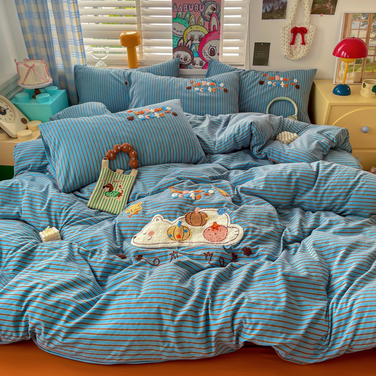 91家纺网 家纺一手货源 找家纺 凯洛奇 2025新款趴趴熊毛巾绣四件套（提供买家秀） 趴趴熊-蓝条条