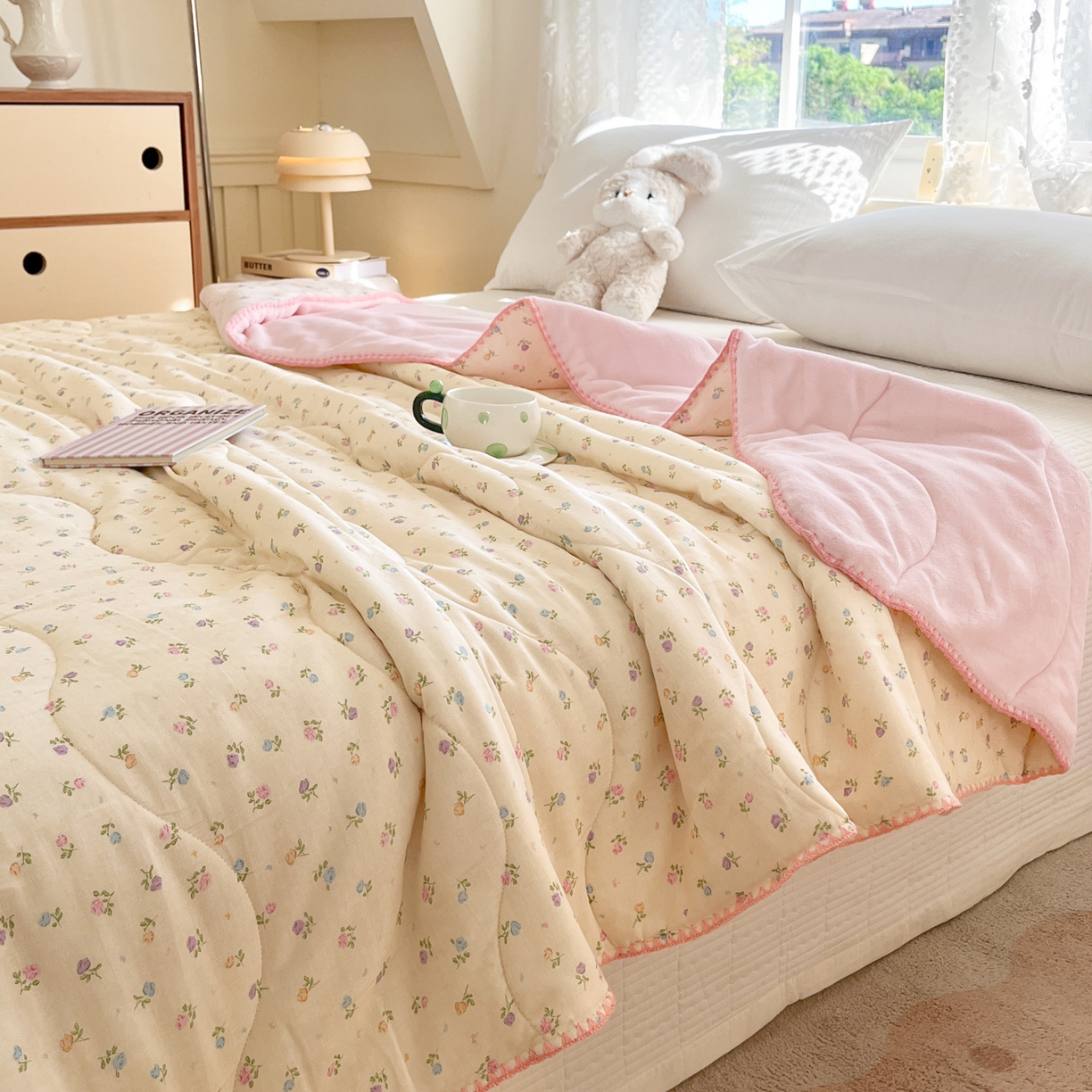 91家纺网 家纺一手货源 找家纺 小叮当家纺仓储工厂店 2025新款全棉双层纱牛奶绒毛毯毯子 双层纱毛毯-小碎花