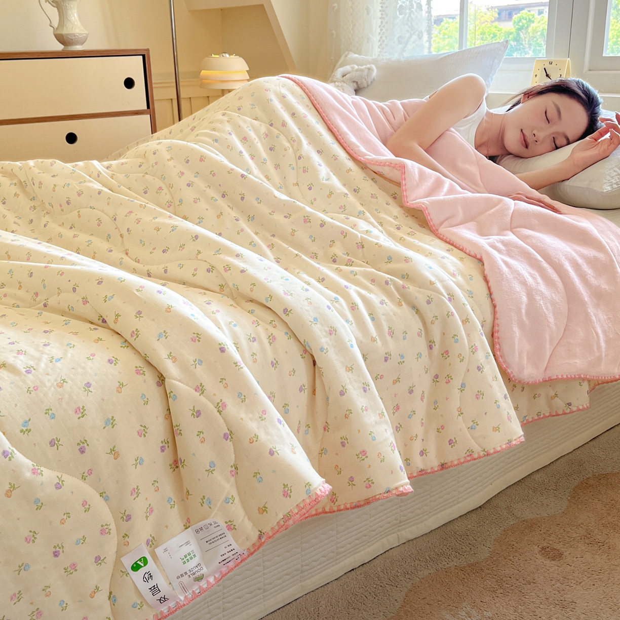 91家纺网 家纺一手货源 找家纺 小叮当家纺仓储工厂店 2025新款全棉双层纱牛奶绒毛毯毯子 双层纱毛毯-小碎花