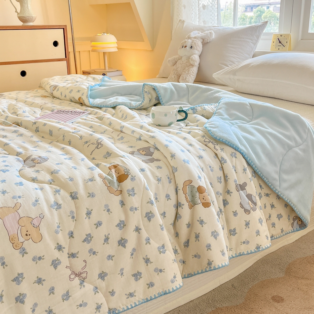 91家纺网 家纺一手货源 找家纺 小叮当家纺仓储工厂店 2025新款全棉双层纱牛奶绒毛毯毯子 双层纱毛毯-韩范甜心