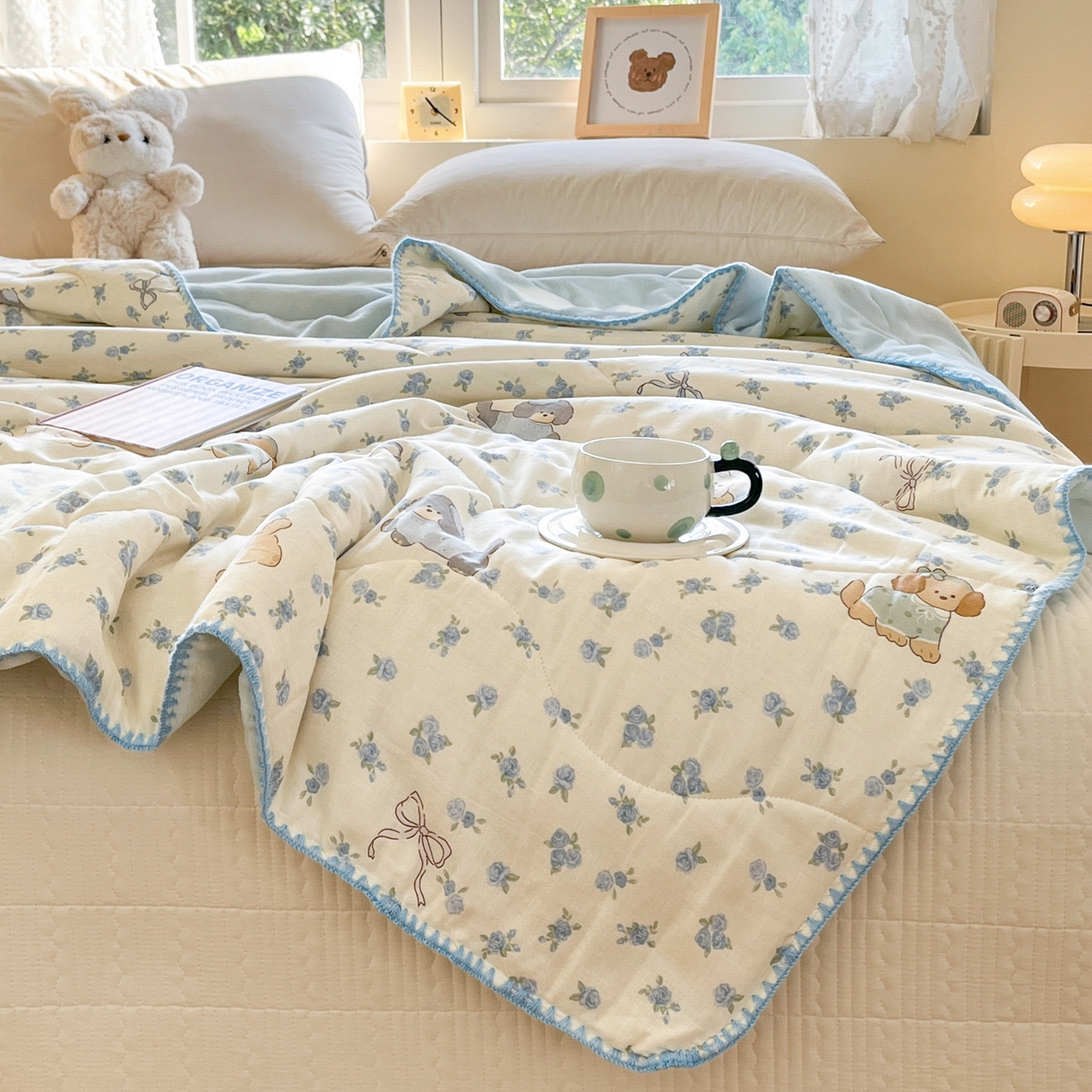 91家纺网 家纺一手货源 找家纺 小叮当家纺仓储工厂店 2025新款全棉双层纱牛奶绒毛毯毯子 双层纱毛毯-韩范甜心