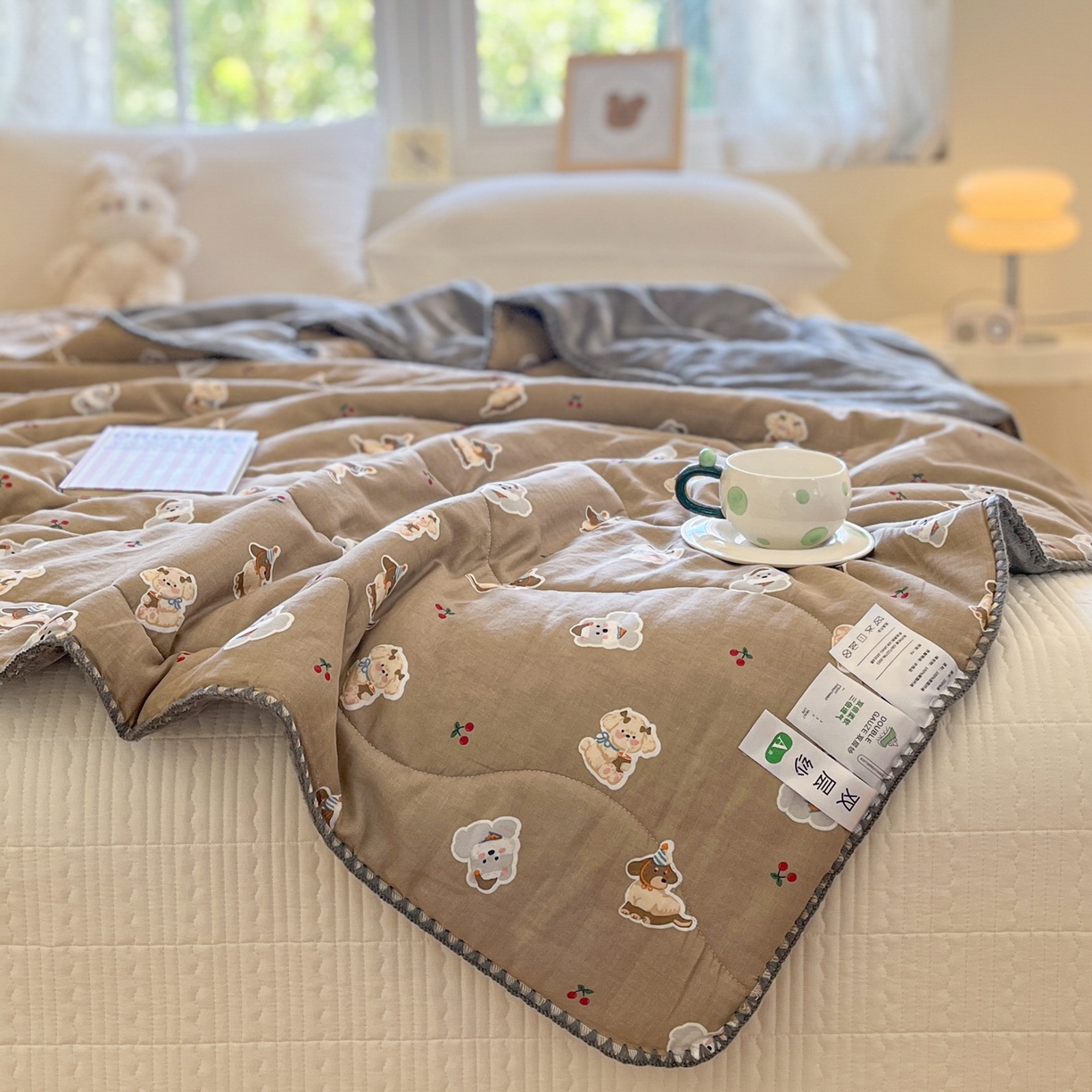 91家纺网 家纺一手货源 找家纺 小叮当家纺仓储工厂店 2025新款全棉双层纱牛奶绒毛毯毯子 双层纱毛毯-樱桃小狗