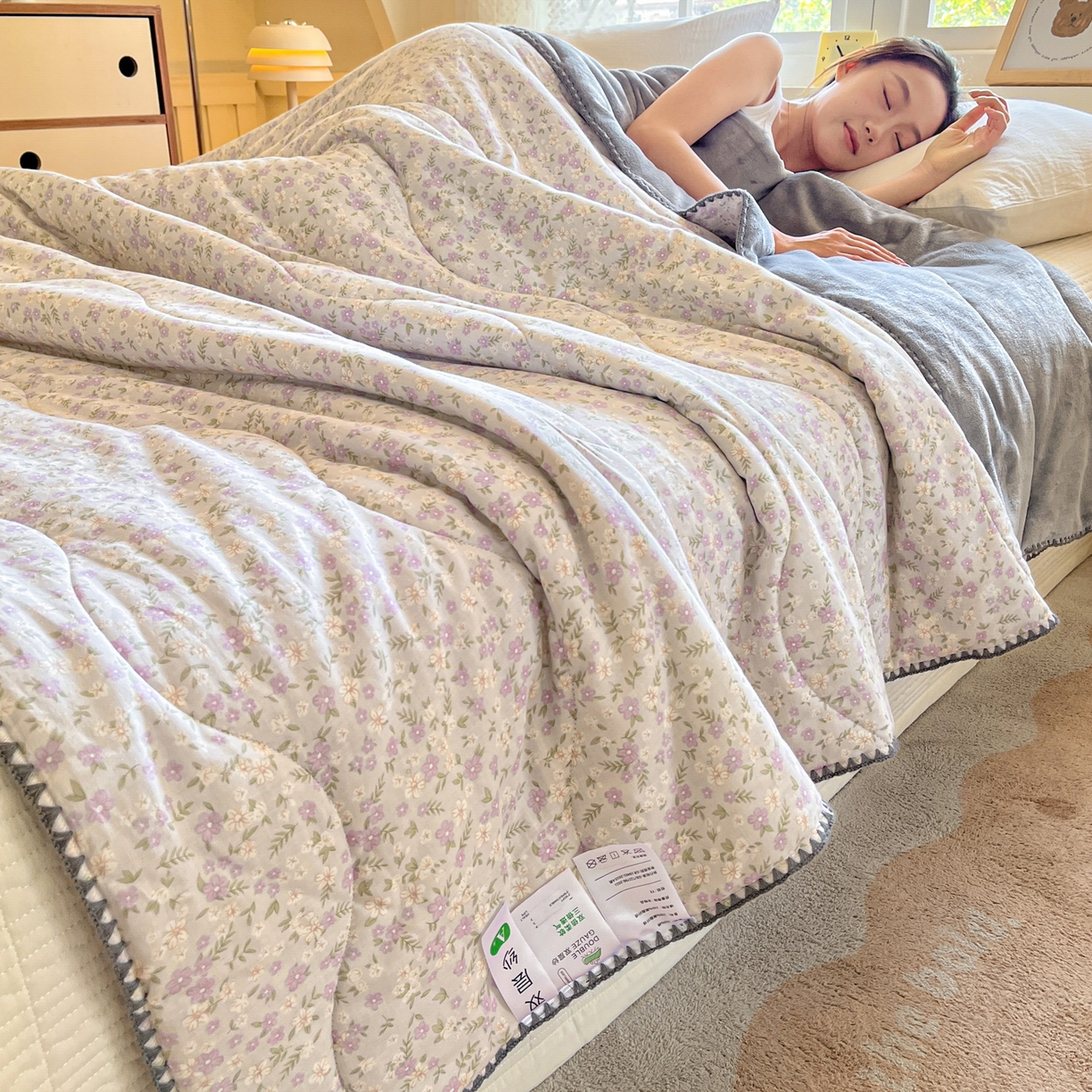 91家纺网 家纺一手货源 找家纺 小叮当家纺仓储工厂店 2025新款全棉双层纱牛奶绒毛毯毯子 双层纱毛毯-风信紫