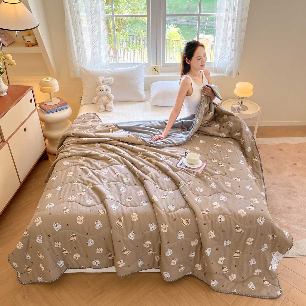 91家纺网 家纺一手货源 找家纺 小叮当家纺仓储工厂店 2025新款全棉双层纱牛奶绒毛毯毯子 双层纱毛毯-樱桃小狗