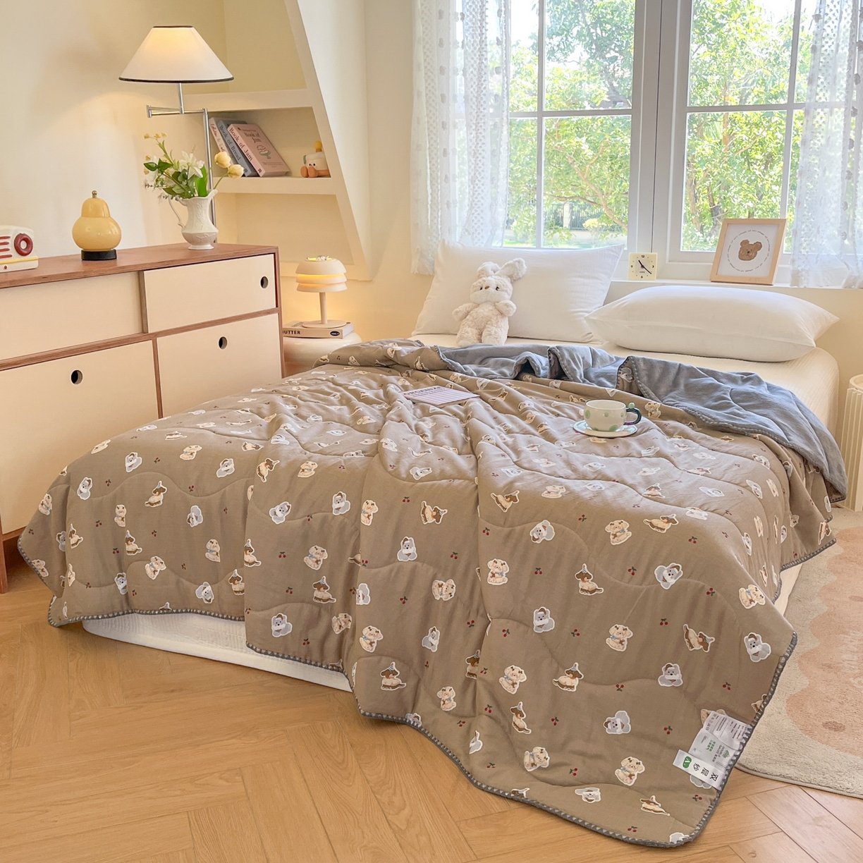 91家纺网 家纺一手货源 找家纺 小叮当家纺仓储工厂店 2025新款全棉双层纱牛奶绒毛毯毯子 双层纱毛毯-樱桃小狗