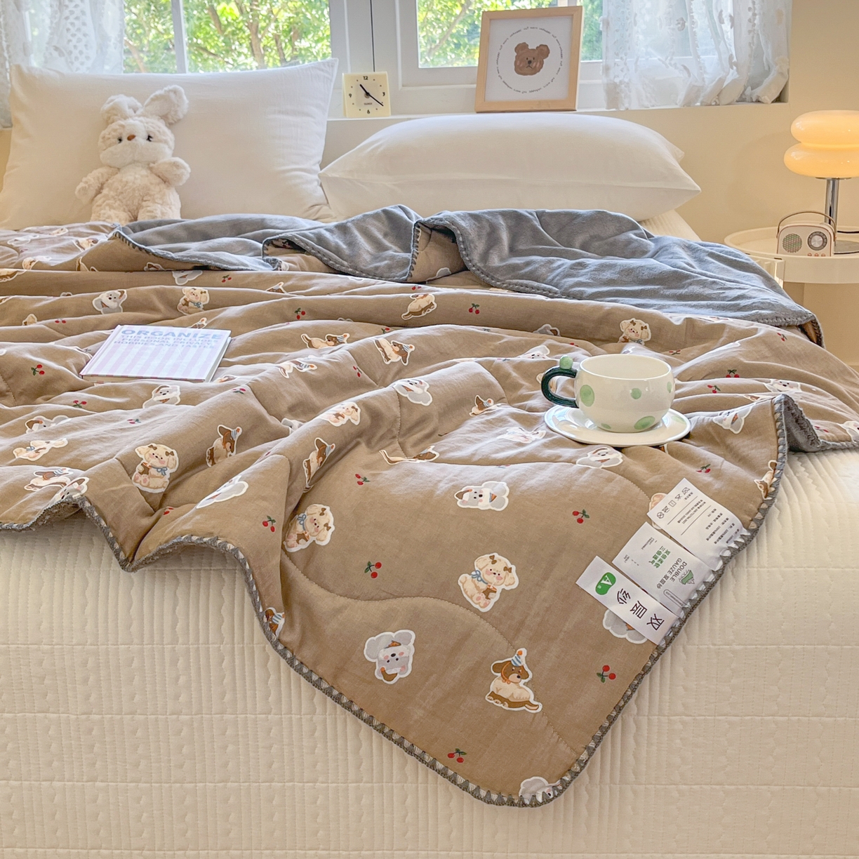 91家纺网 家纺一手货源 找家纺 小叮当家纺仓储工厂店 2025新款全棉双层纱牛奶绒毛毯毯子 双层纱毛毯-樱桃小狗