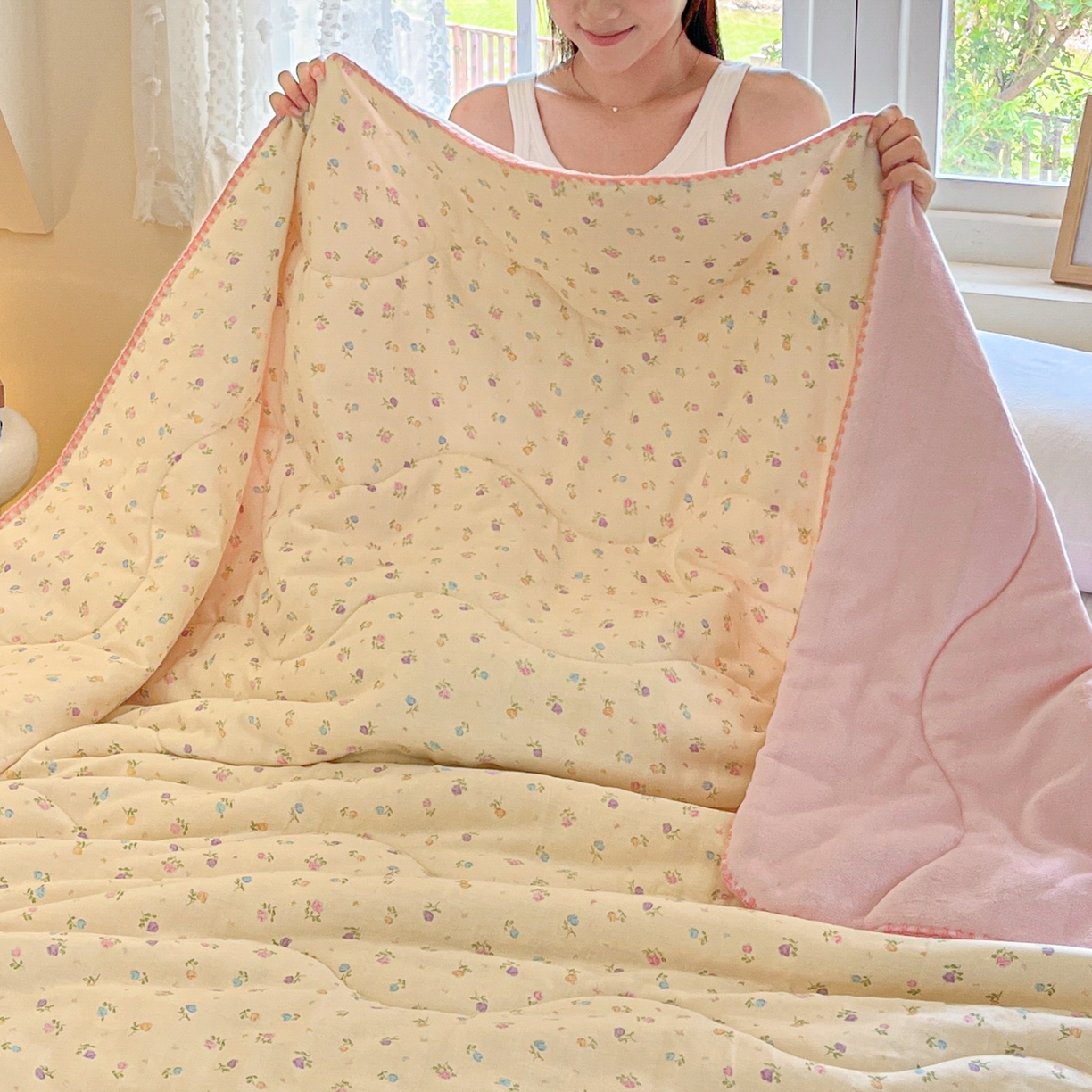 91家纺网 家纺一手货源 找家纺 小叮当家纺仓储工厂店 2025新款全棉双层纱牛奶绒毛毯毯子 双层纱毛毯-小碎花