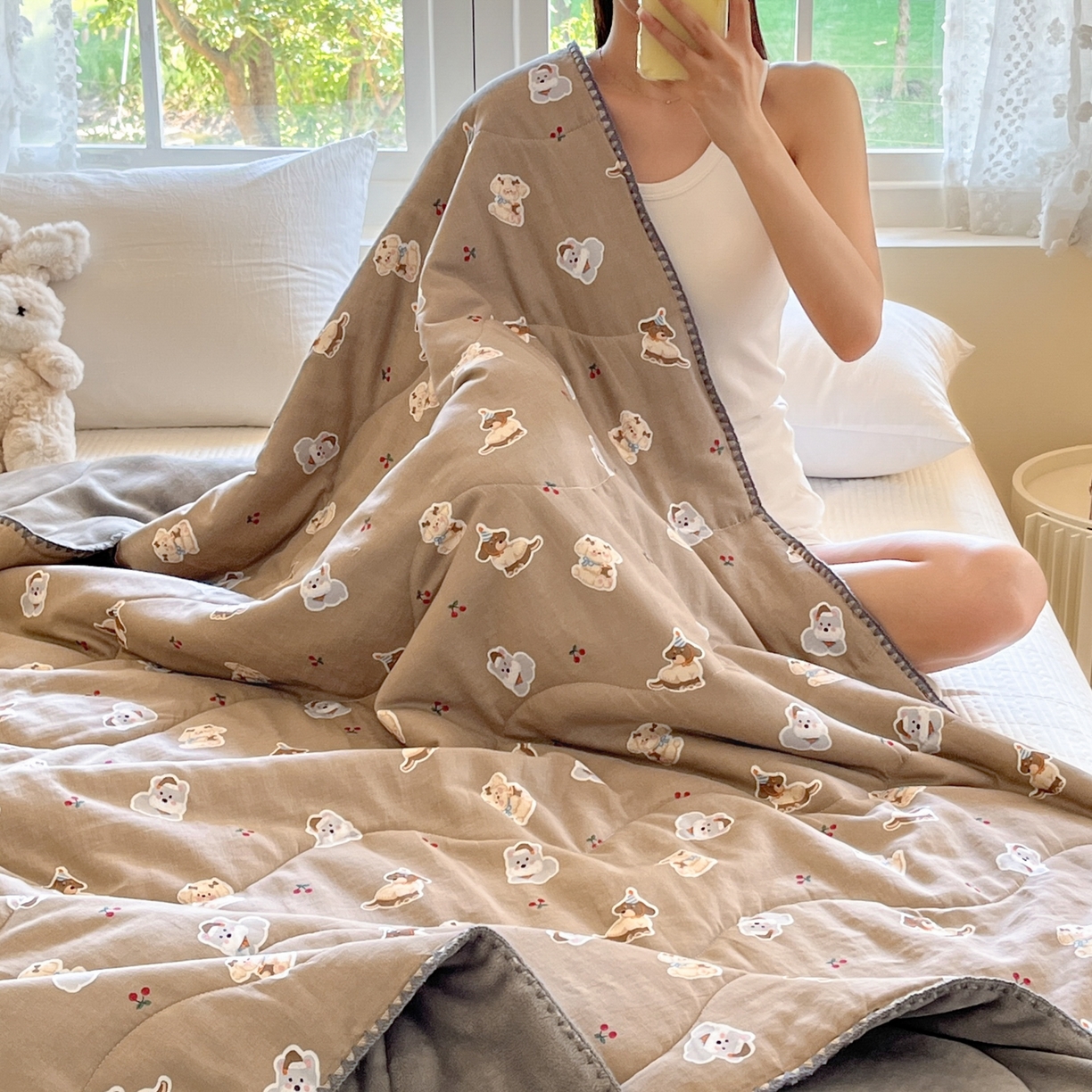 91家纺网 家纺一手货源 找家纺 小叮当家纺仓储工厂店 2025新款全棉双层纱牛奶绒毛毯毯子 双层纱毛毯-樱桃小狗