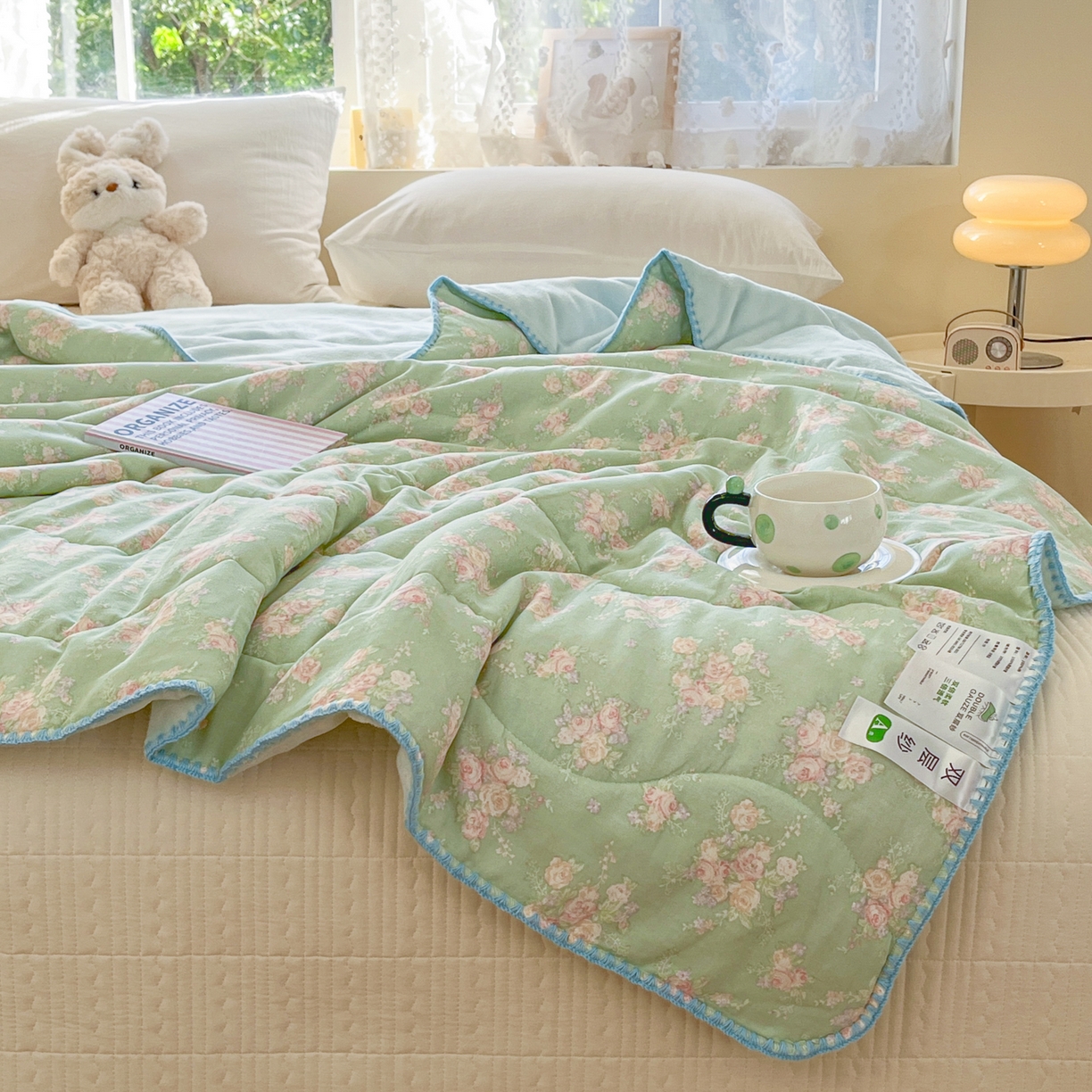 91家纺网 家纺一手货源 找家纺 小叮当家纺仓储工厂店 2025新款全棉双层纱牛奶绒毛毯毯子 双层纱毛毯-绿色雅韵