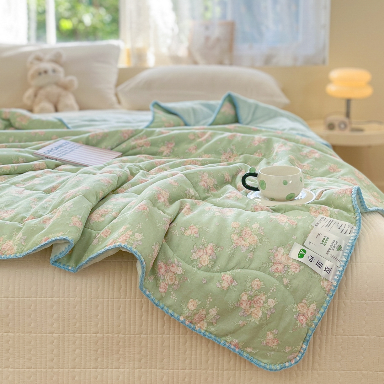 91家纺网 家纺一手货源 找家纺 小叮当家纺仓储工厂店 2025新款全棉双层纱牛奶绒毛毯毯子 双层纱毛毯-绿色雅韵