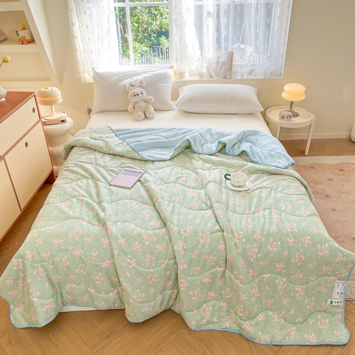 91家纺网 家纺一手货源 找家纺 小叮当家纺仓储工厂店 2025新款全棉双层纱牛奶绒毛毯毯子 双层纱毛毯-绿色雅韵