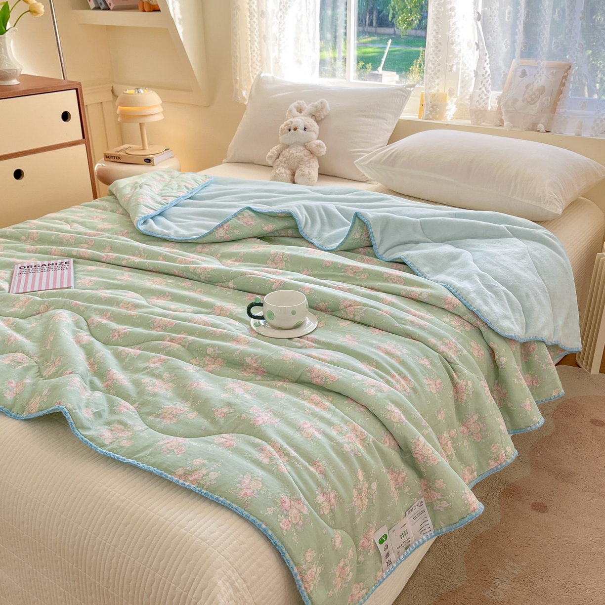 91家纺网 家纺一手货源 找家纺 小叮当家纺仓储工厂店 2025新款全棉双层纱牛奶绒毛毯毯子 双层纱毛毯-绿色雅韵