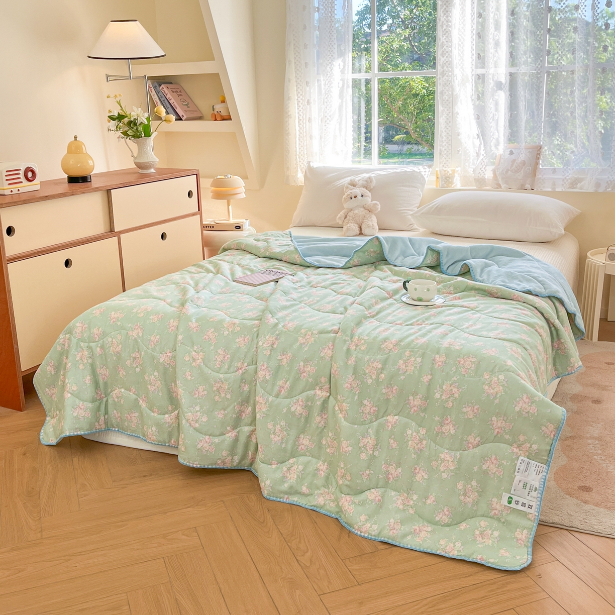 91家纺网 家纺一手货源 找家纺 小叮当家纺仓储工厂店 2025新款全棉双层纱牛奶绒毛毯毯子 双层纱毛毯-绿色雅韵