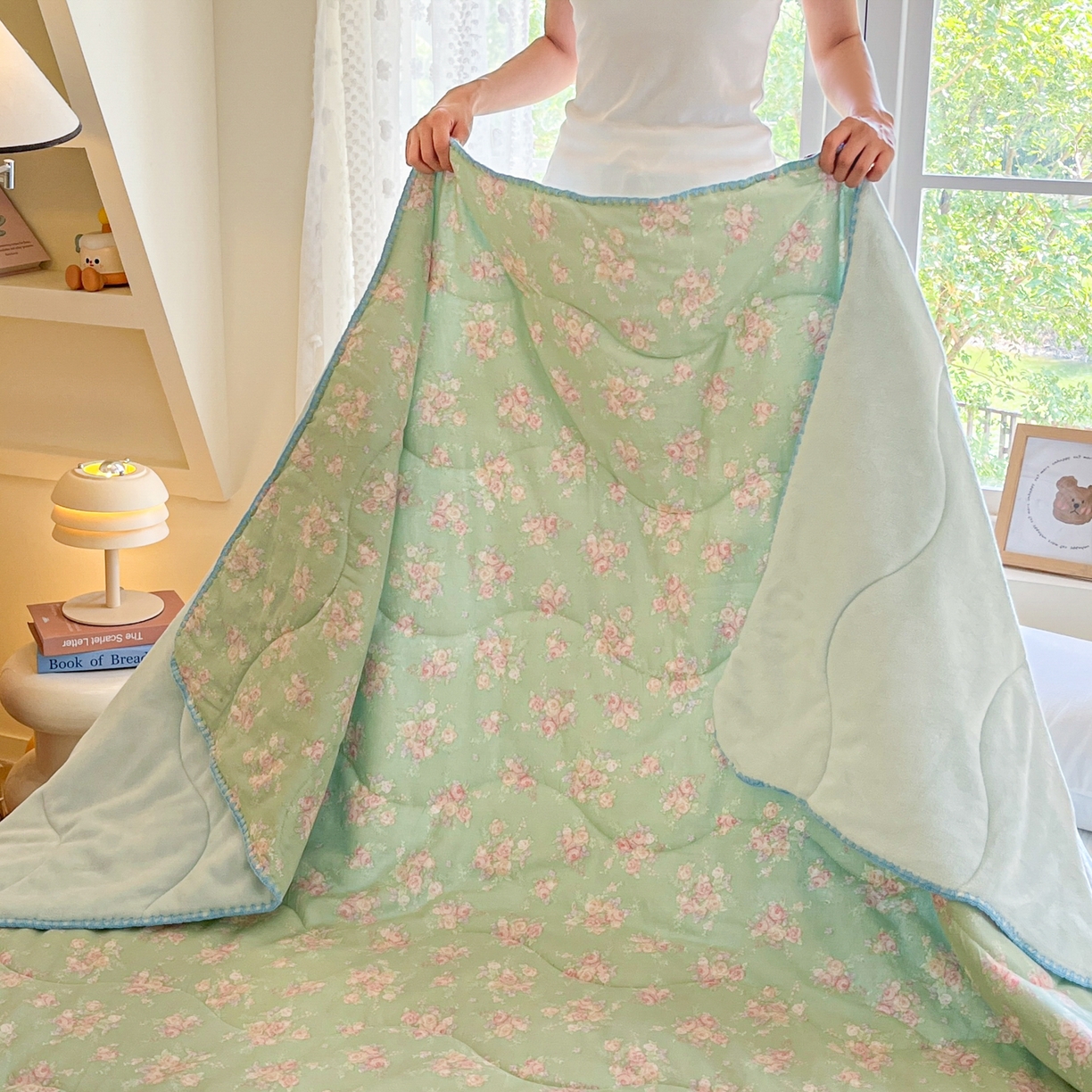 91家纺网 家纺一手货源 找家纺 小叮当家纺仓储工厂店 2025新款全棉双层纱牛奶绒毛毯毯子 双层纱毛毯-绿色雅韵