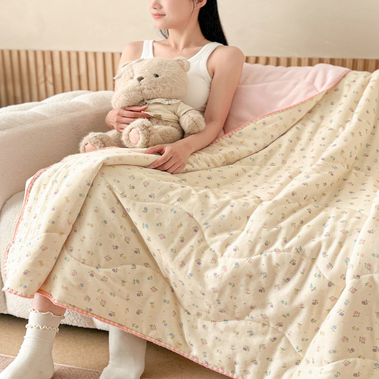 91家纺网 家纺一手货源 找家纺 小叮当家纺仓储工厂店 2025新款全棉双层纱牛奶绒毛毯毯子 双层纱毛毯-小碎花