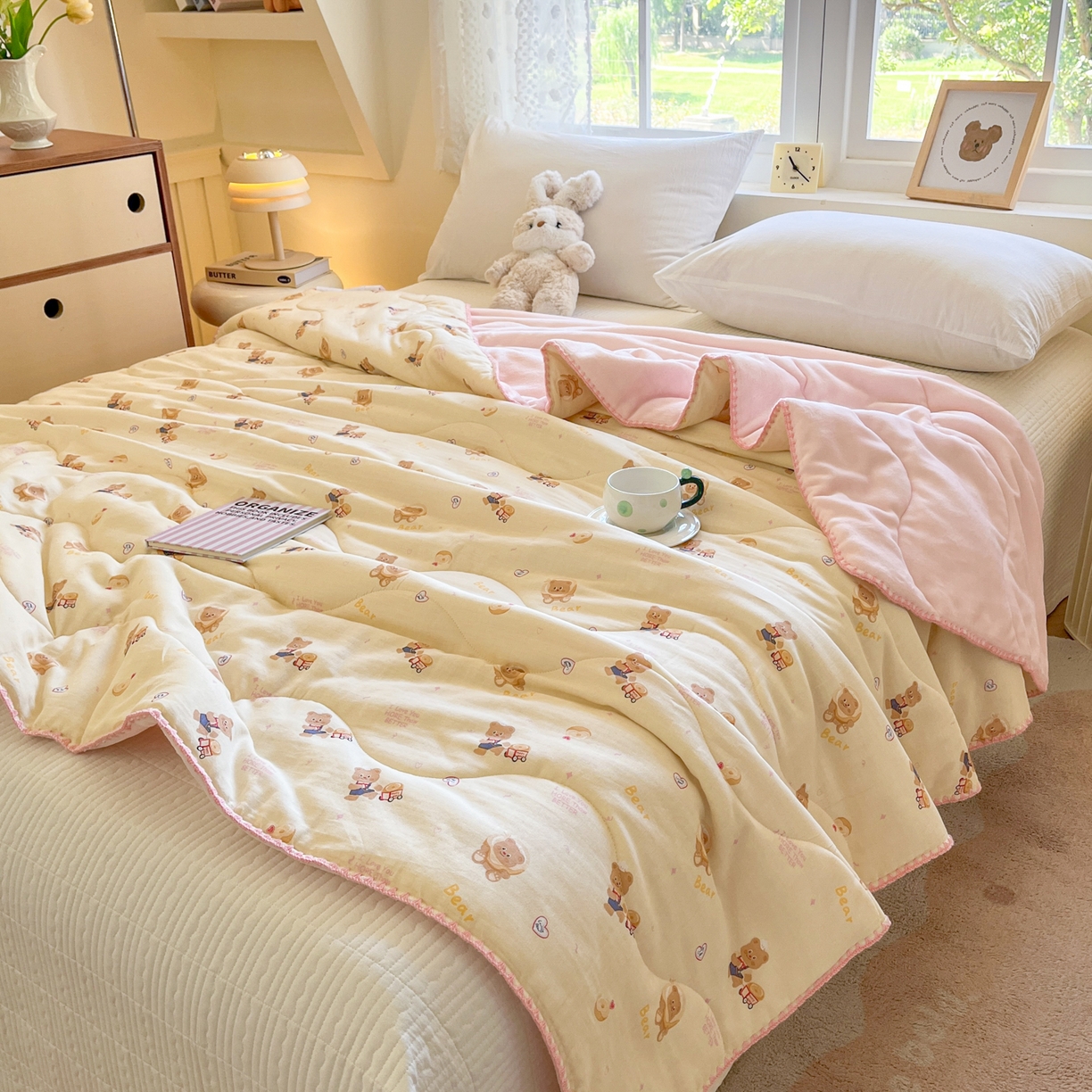 91家纺网 家纺一手货源 找家纺 小叮当家纺仓储工厂店 2025新款全棉双层纱牛奶绒毛毯毯子 双层纱毛毯-小熊故事