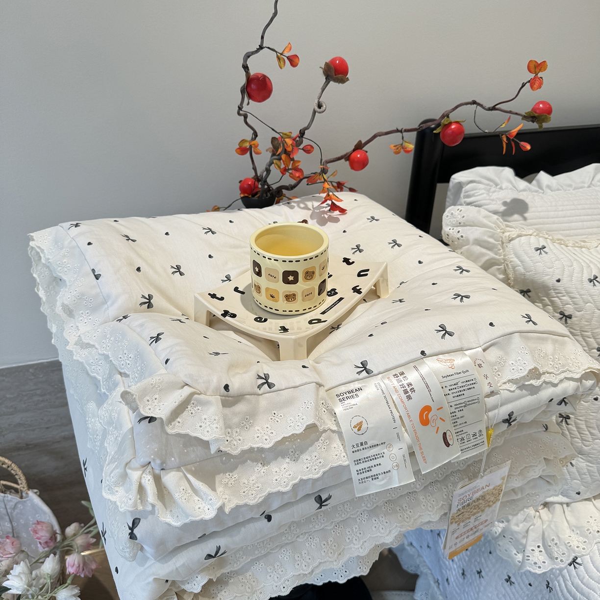 莱豫家纺 2025新款全棉花边四季被5斤有同款床盖三件套 蝴蝶结