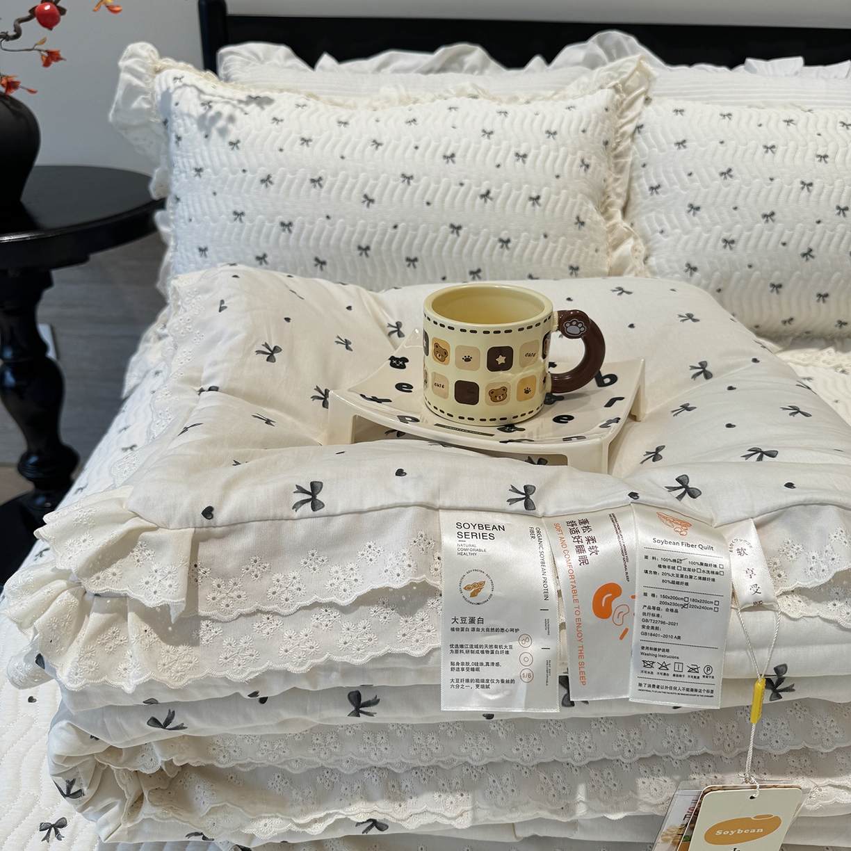 91家纺网 家纺一手货源 找家纺 莱豫家纺 2025新款全棉花边四季被5斤有同款床盖三件套 蝴蝶结